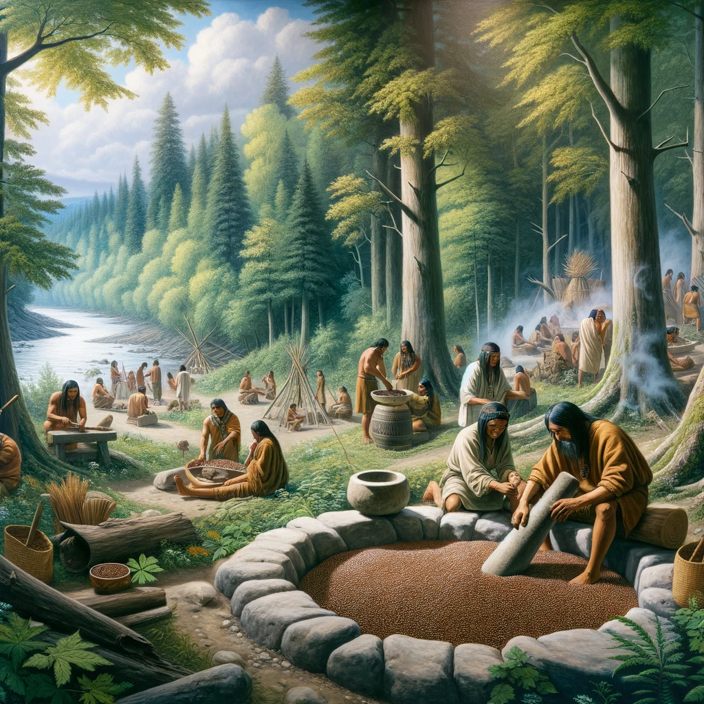 An illustration of a group of indigenous people in a lush Canadian forest, engaged in various activities with flaxseeds.