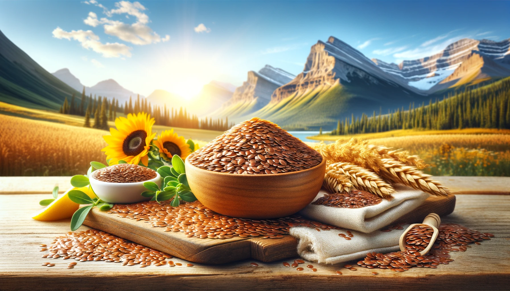 An image depicting golden flaxseeds with a backdrop of Canadian landscapes, accompanied by healthy foods incorporating flaxseeds.