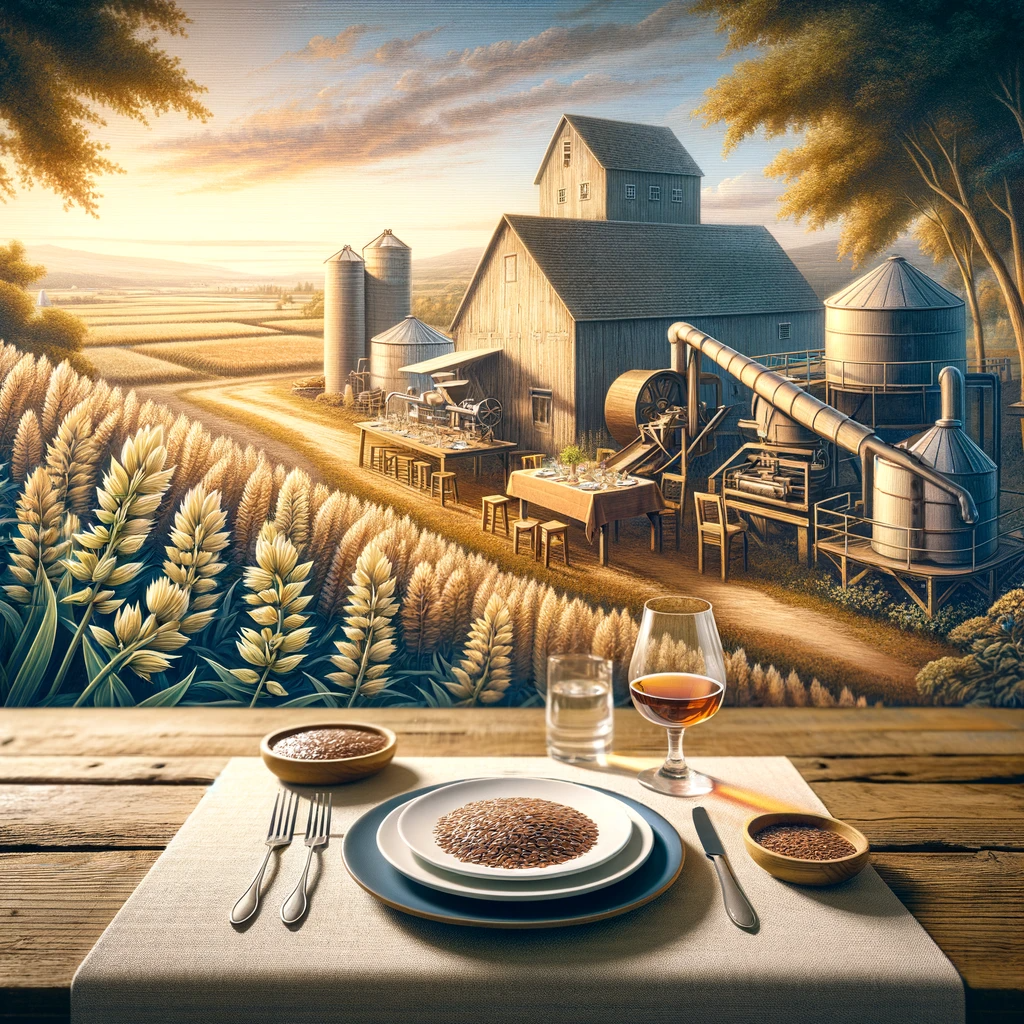 Rustic farm scene with flax plants, a processing facility, and a beautifully set dining table, symbolizing the journey of flaxseeds from Canadian farms to the table.