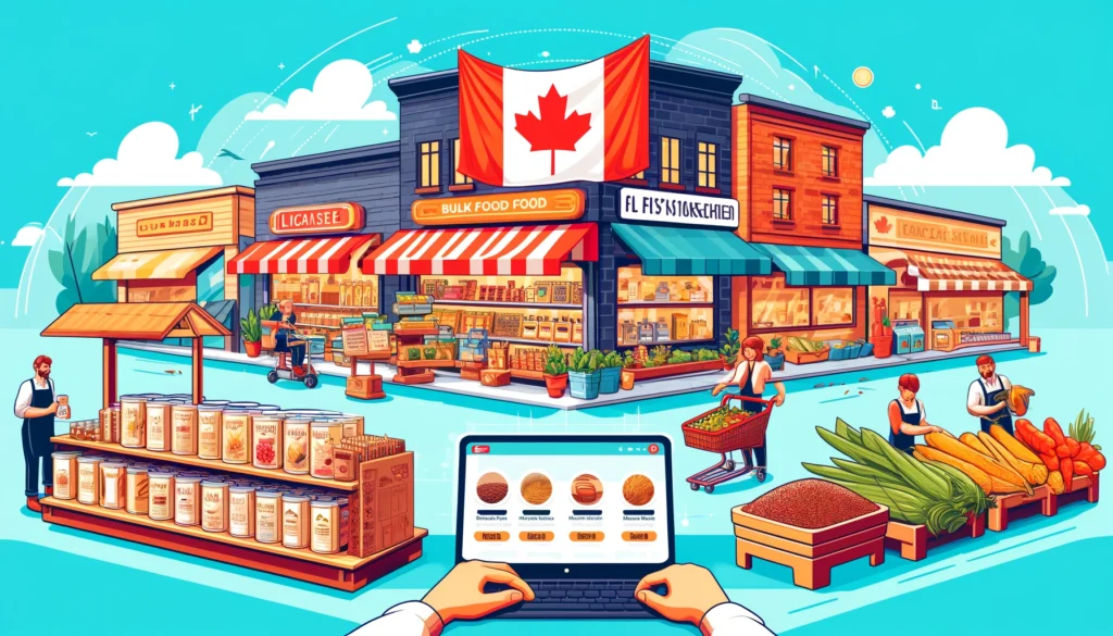 An engaging illustration showing various places to buy flaxseed in Canada, including a health food store, a supermarket aisle, an online shopping interface, a bulk food store, a farmers' market stall, and a specialty store, with a subtle Canadian flag in the background.