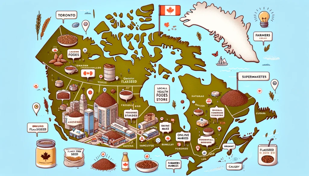 Map of Canada with icons indicating the best places to buy flaxseed, highlighting key cities like Toronto, Vancouver, Montreal, and Calgary, along with images of flaxseed products and symbols for organic and non-GMO options.