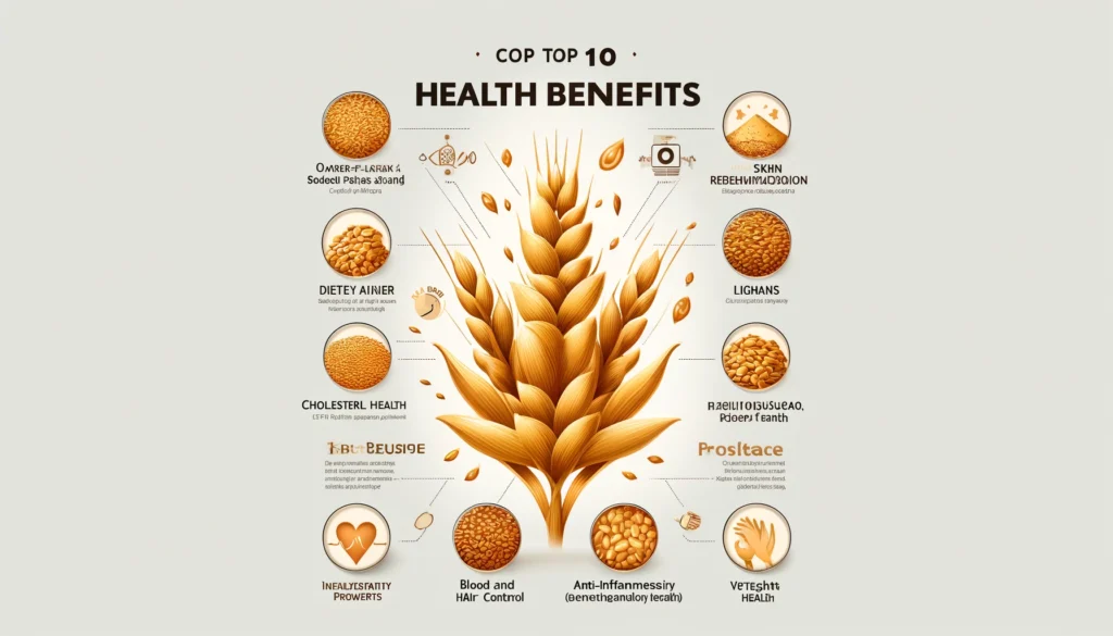 Infographic illustrating the top 10 health benefits of golden flax seeds, featuring icons and text for each benefit.
