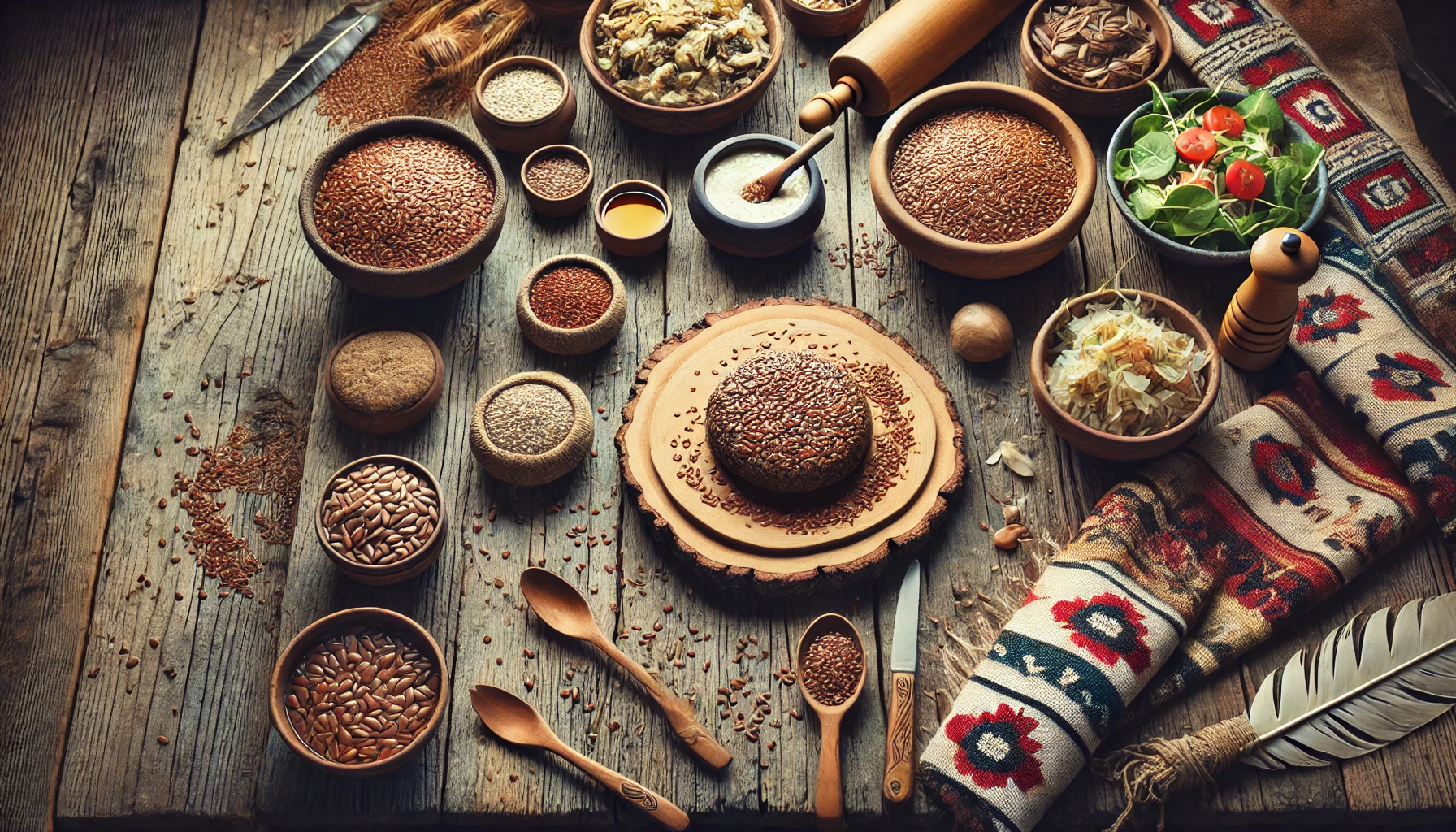 A wide-spread layout showcasing flaxseeds on a rustic wooden table with traditional Indigenous Canadian dishes like bannock bread, porridge, and salad. Flaxseeds are in a small wooden bowl at the center, surrounded by indigenous textiles and utensils.