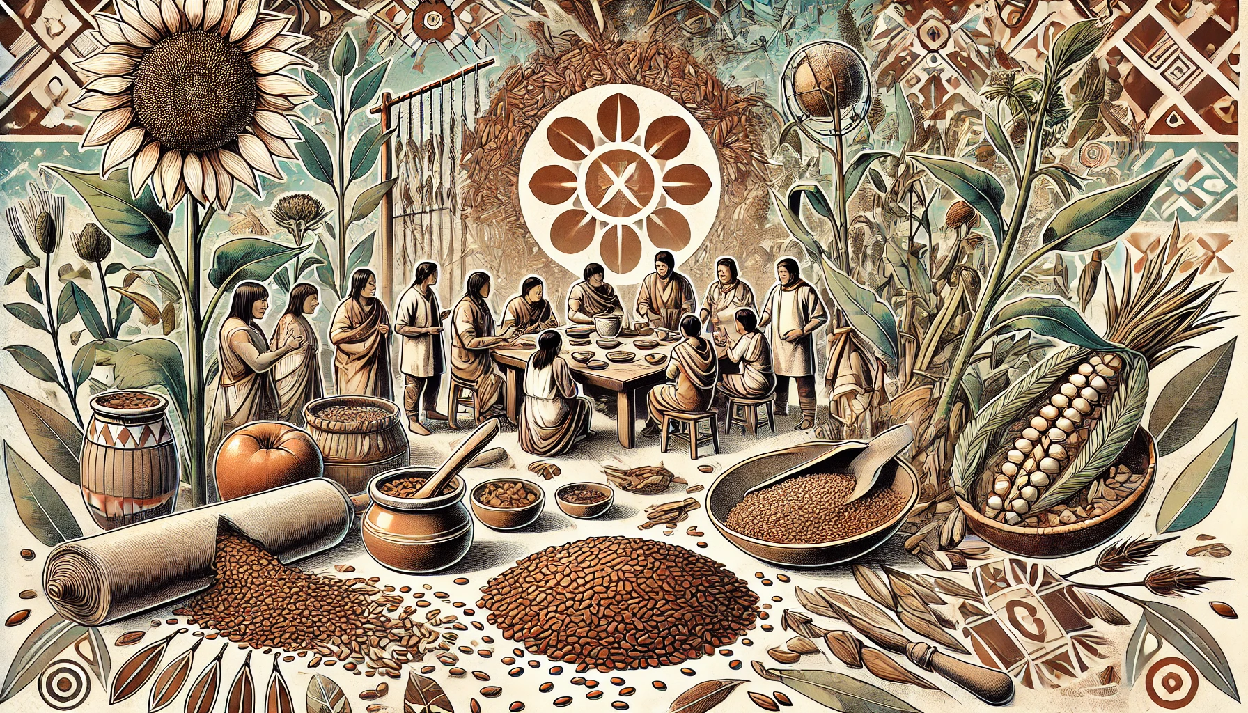 Indigenous people enjoying flaxseed dishes at a communal table, surrounded by flax plants, traditional harvesting tools, and indigenous patterns highlighting flaxseeds' cultural significance.