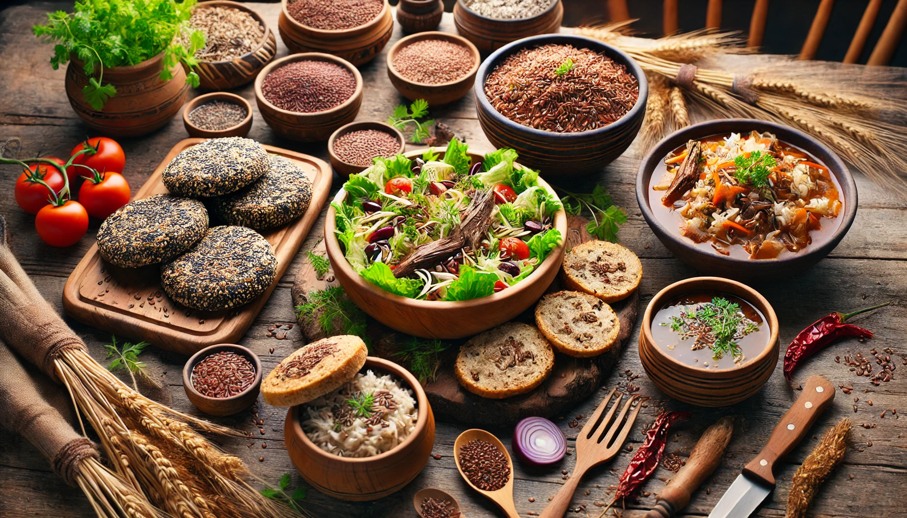 Traditional Indigenous Canadian dishes with flaxseeds on a rustic wooden table, including bannock bread, wild rice salad, and venison stew, adorned with wooden bowls and fresh herbs.