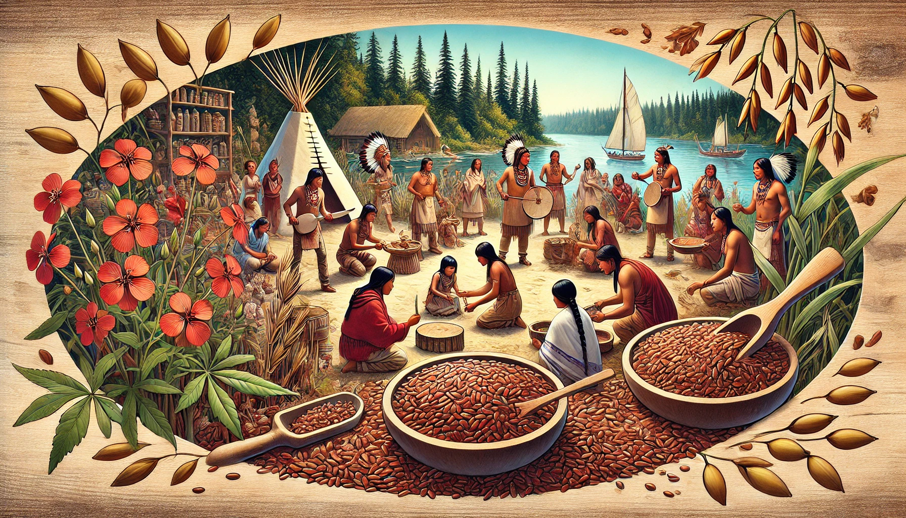 Indigenous Canadians in a traditional setting incorporating flaxseeds into their health and nutrition practices, surrounded by natural elements like forests and lakes.